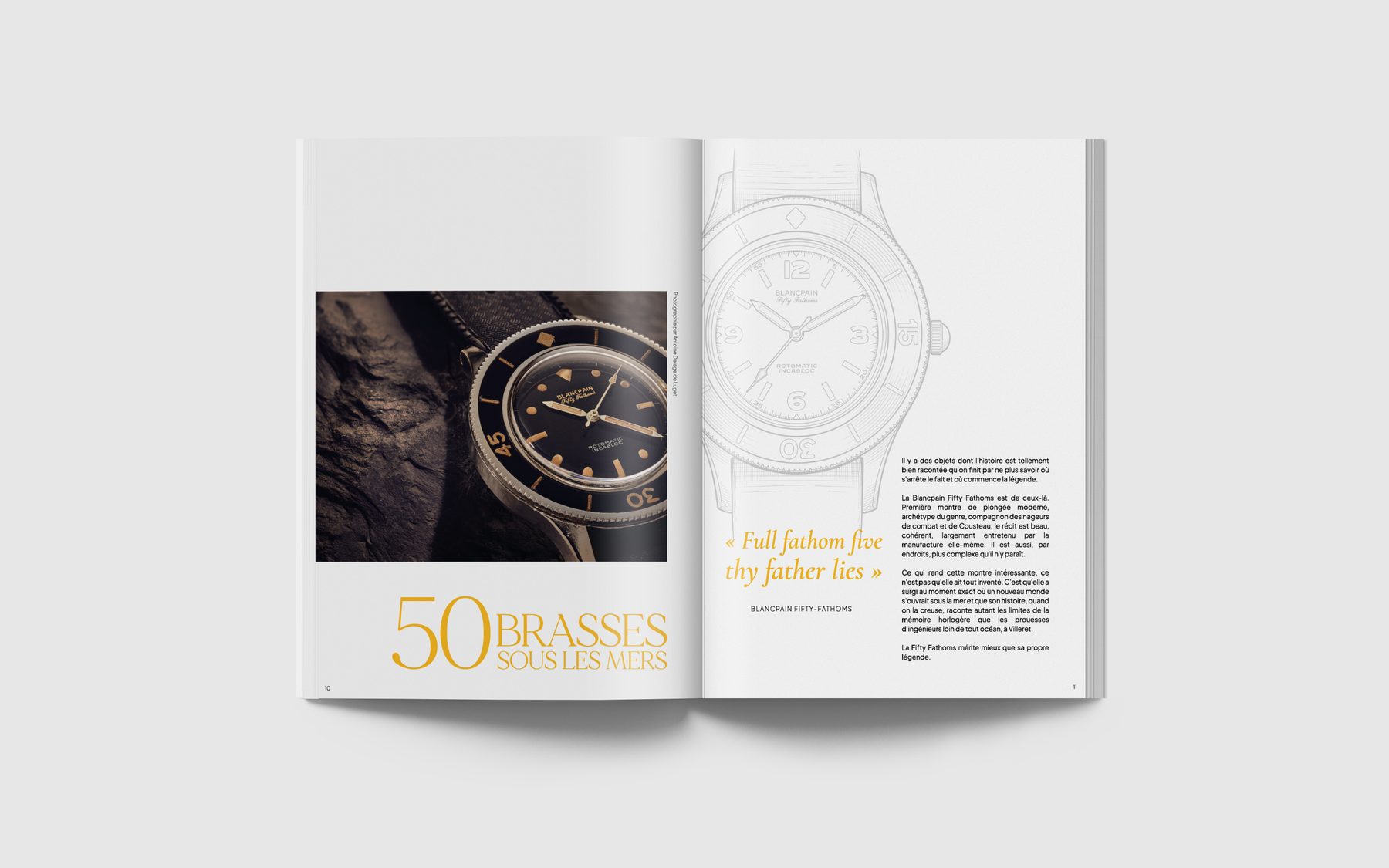 Double page du magazine ouverte sur la Blancpain Fifty-Fathoms, « 50 brasses sous les mers »